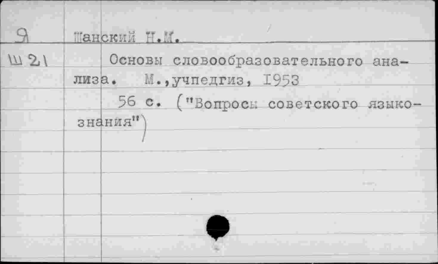 ﻿ч	Ган	ский ТТЛ?.
%\	ЛИЗ	Основы словообразовательного ана-а. М.,учпедгиз, 1953
		56 с. (’’Вопросы советского языко-
	ЗНс	1НИЯ”^
		$